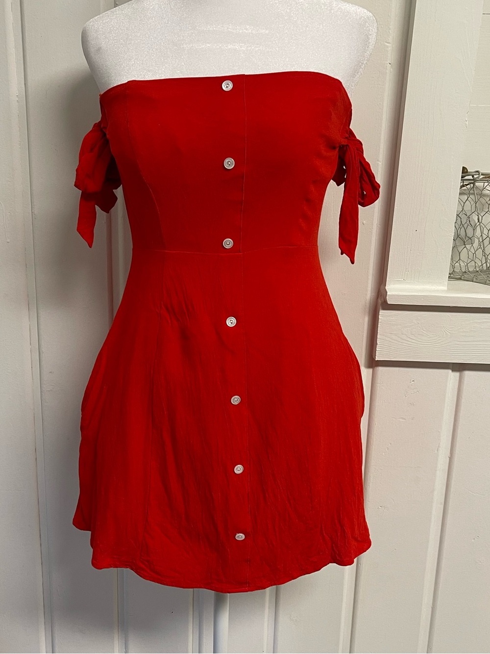 Capulet Giulia Cherry Red Off Shoulder Tie Sleeve Button Front Mini Dress S
